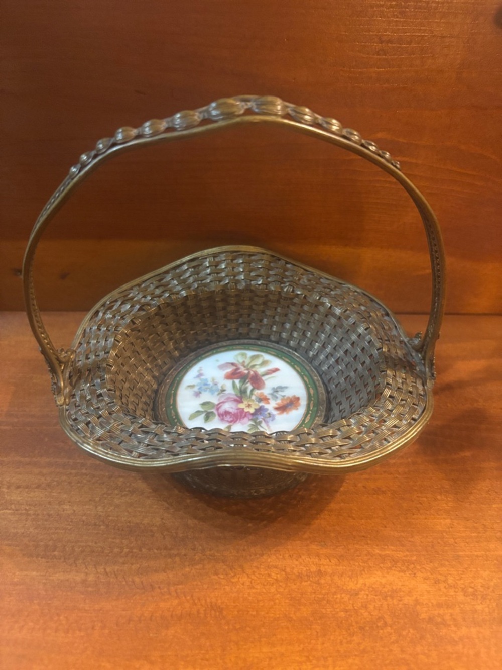 Vintage French Woven Brass Basket with Floral Porcelain Insert - Gold